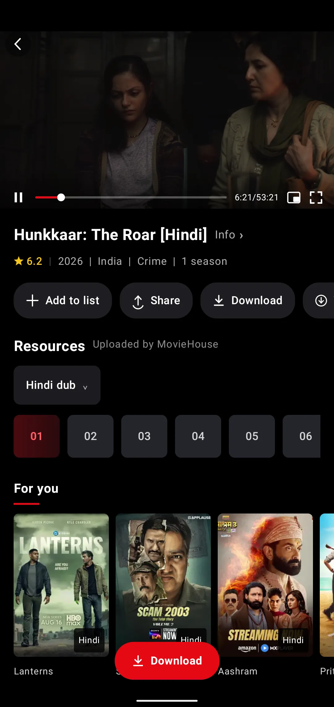 A film page on the phone app with Add to list, Share and Download, and the episode list.