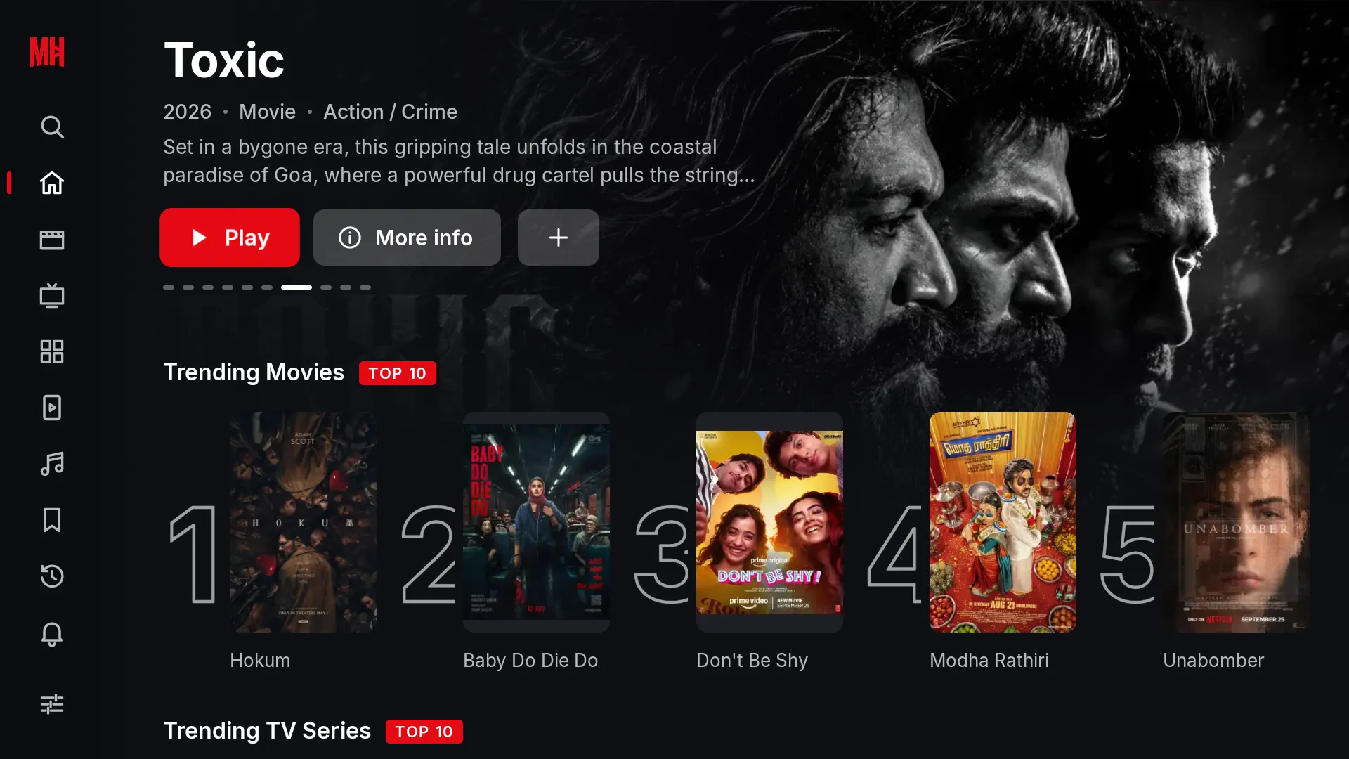 MovieHouse home on Android TV: the featured 2026 film Toxic with Play and More info, above the Trending Movies Top 10 row.