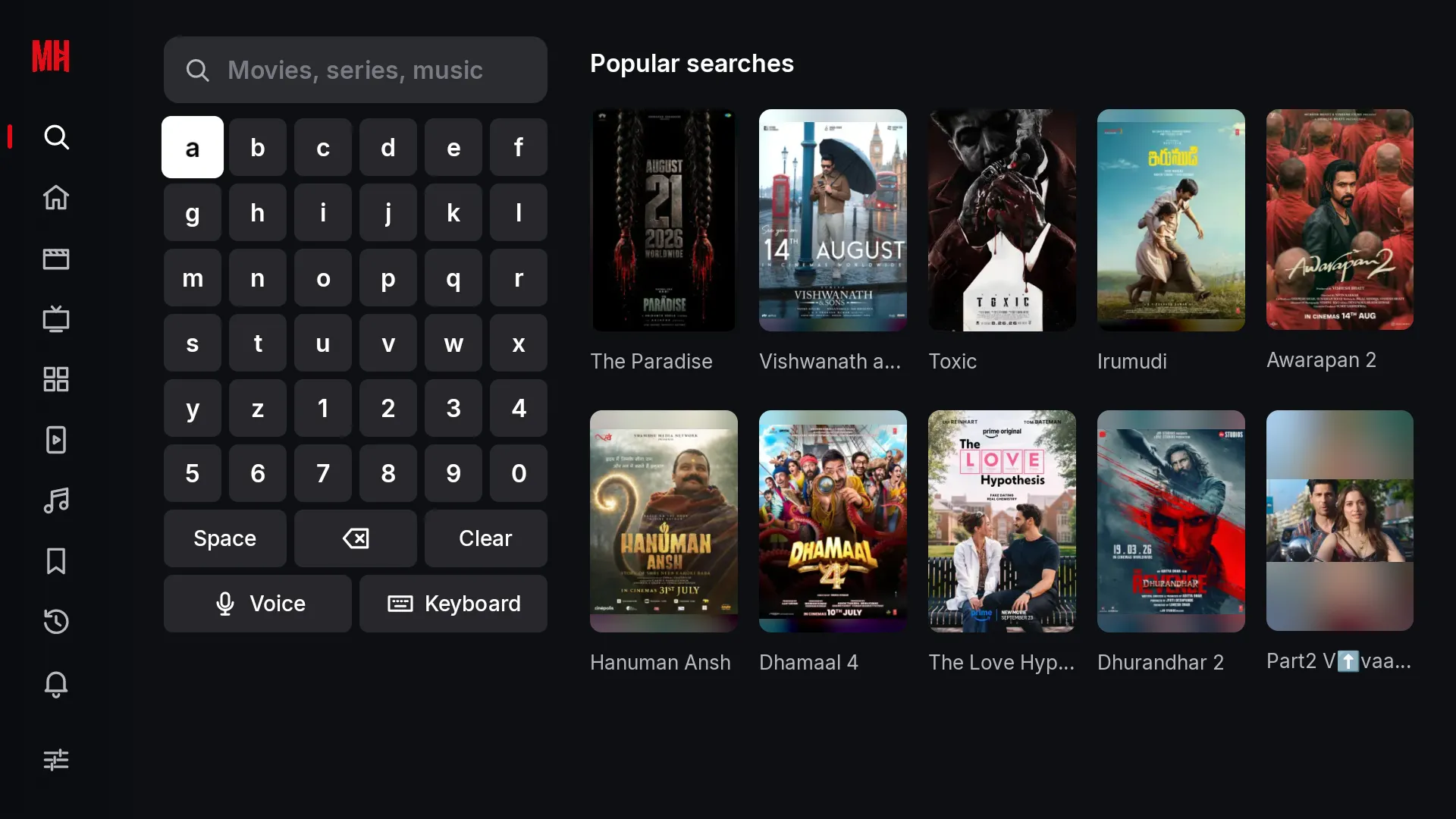 Search on the TV app: an on-screen keyboard, a voice button and a grid of results.